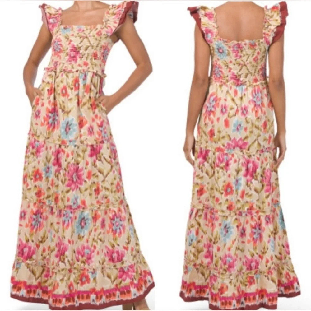 House Of Harlow 1960 Zoey Khaki Floral Print Smocked Maxi Dress Size Small